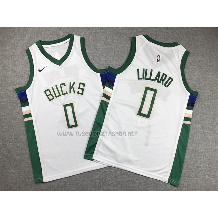 Camiseta Damian Lillard NO 0 Nino Milwaukee Bucks Association 2022-23 Blanco